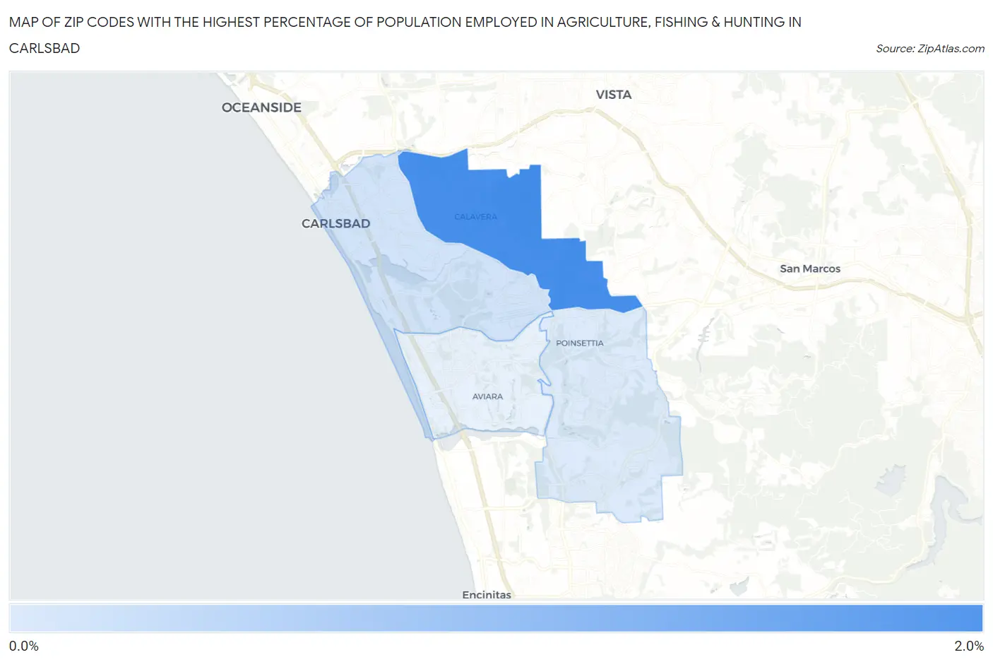 Zip Codes with the Highest Percentage of Population Employed in Agriculture, Fishing & Hunting in Carlsbad Map