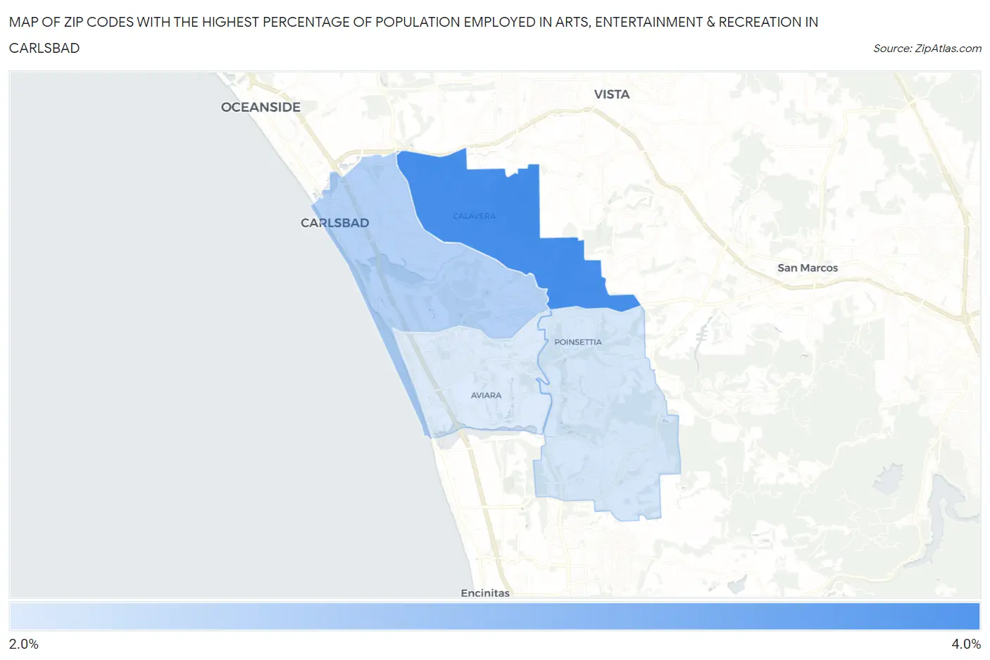 Zip Codes with the Highest Percentage of Population Employed in Arts, Entertainment & Recreation in Carlsbad Map
