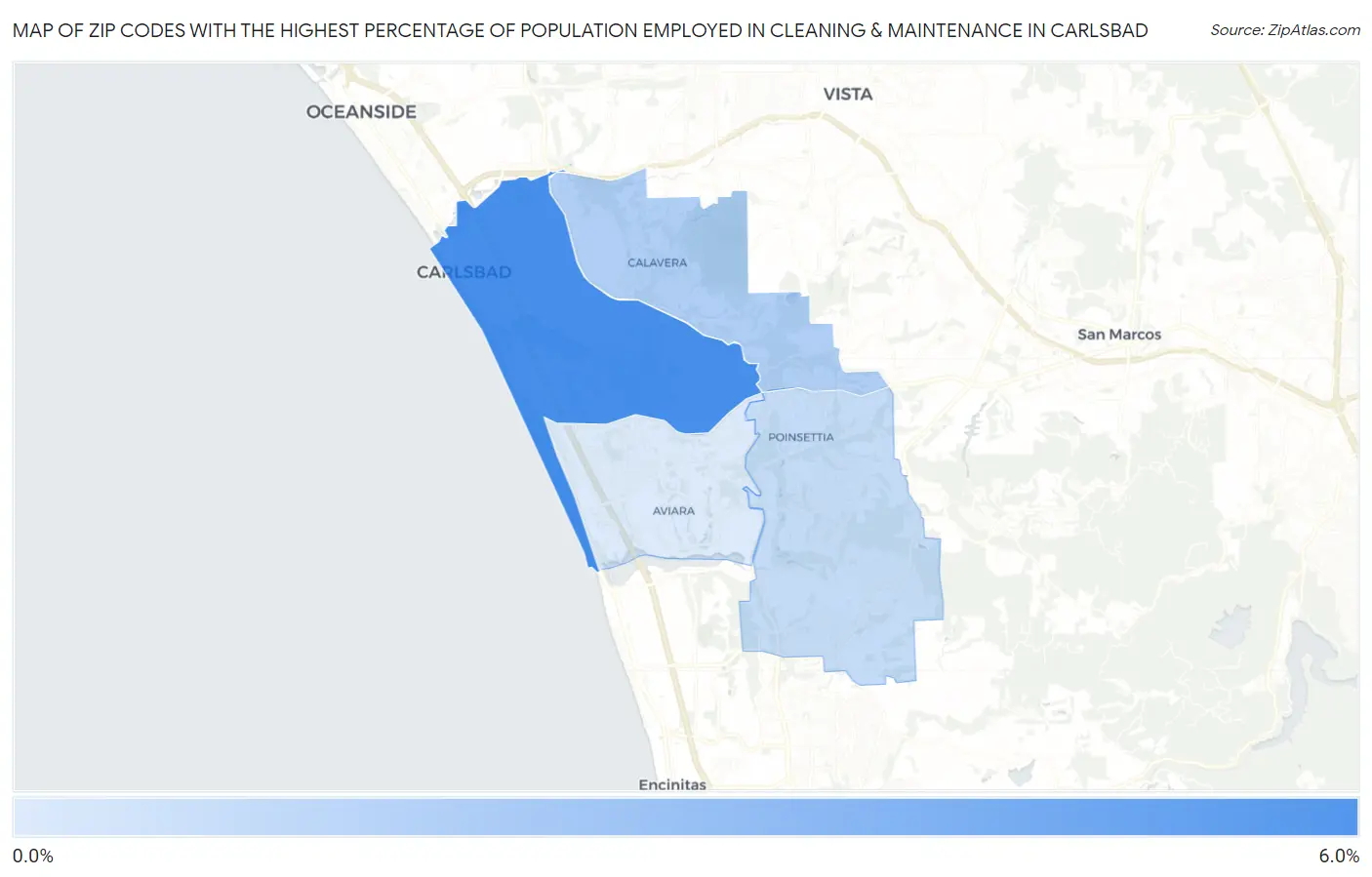 Zip Codes with the Highest Percentage of Population Employed in Cleaning & Maintenance in Carlsbad Map