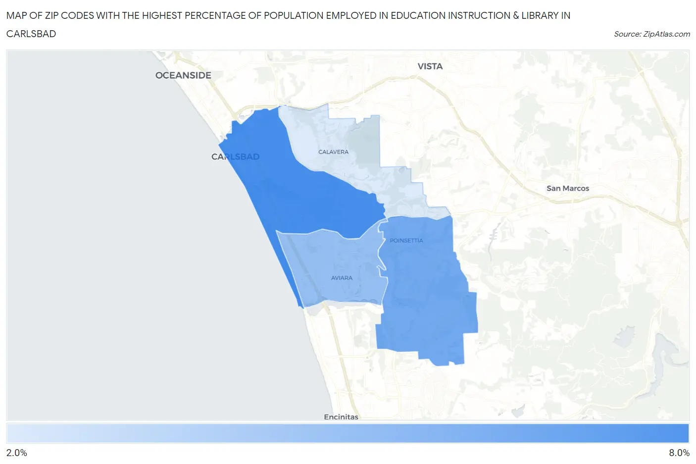 Zip Codes with the Highest Percentage of Population Employed in Education Instruction & Library in Carlsbad Map