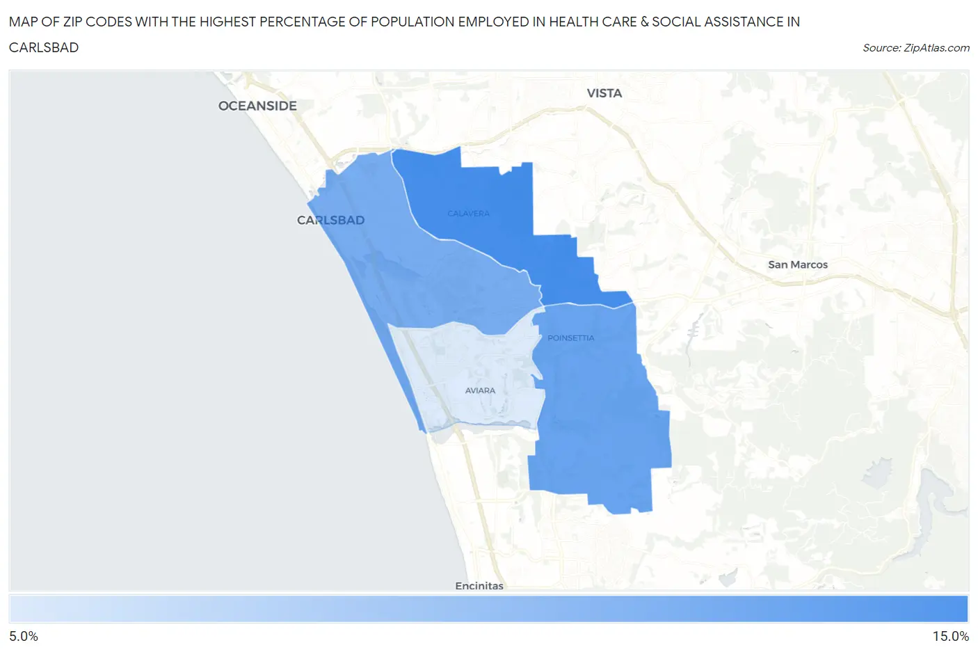 Zip Codes with the Highest Percentage of Population Employed in Health Care & Social Assistance in Carlsbad Map