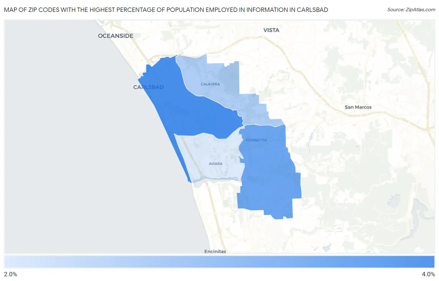 Zip Codes with the Highest Percentage of Population Employed in Information in Carlsbad Map
