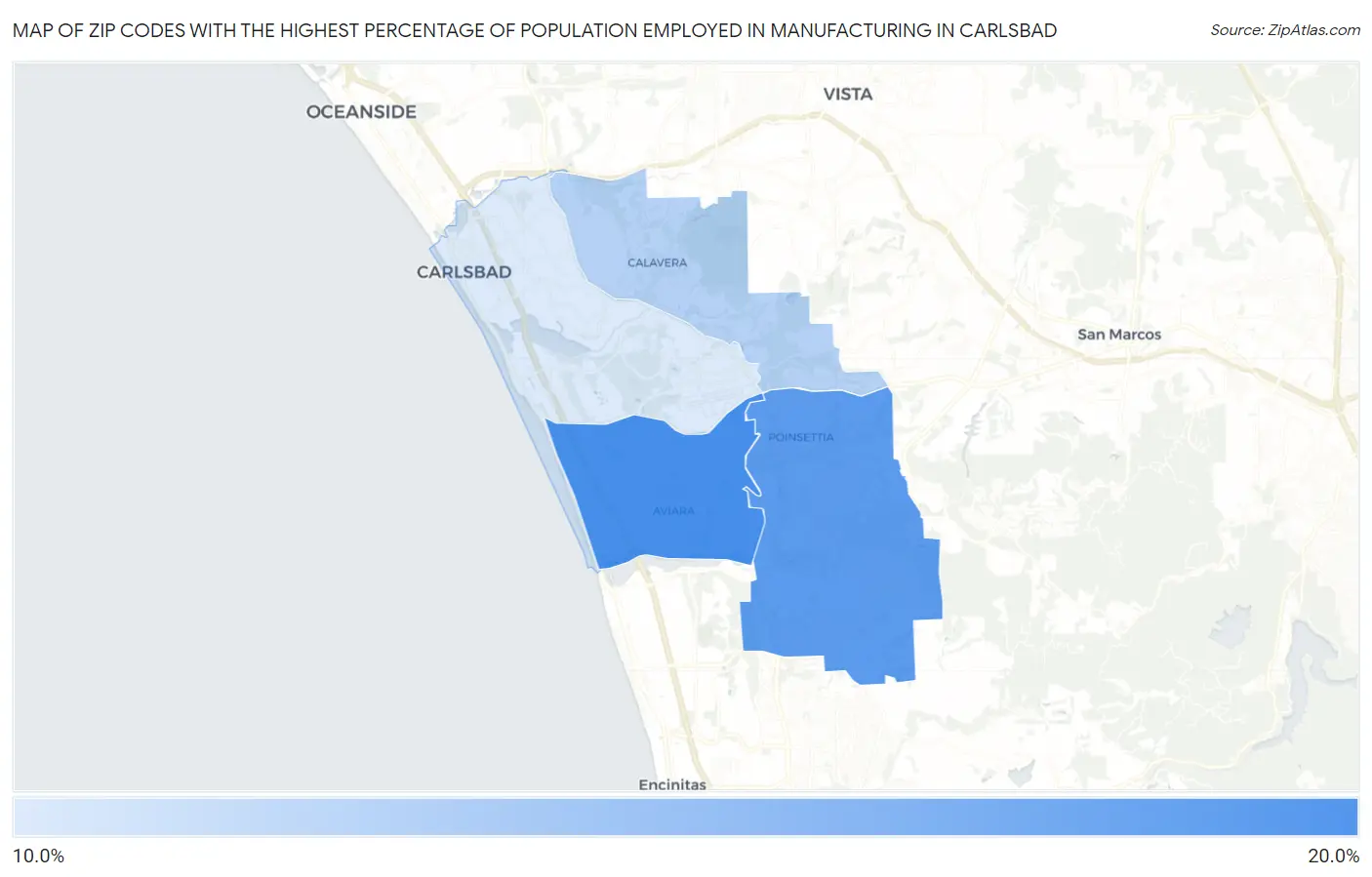 Zip Codes with the Highest Percentage of Population Employed in Manufacturing in Carlsbad Map