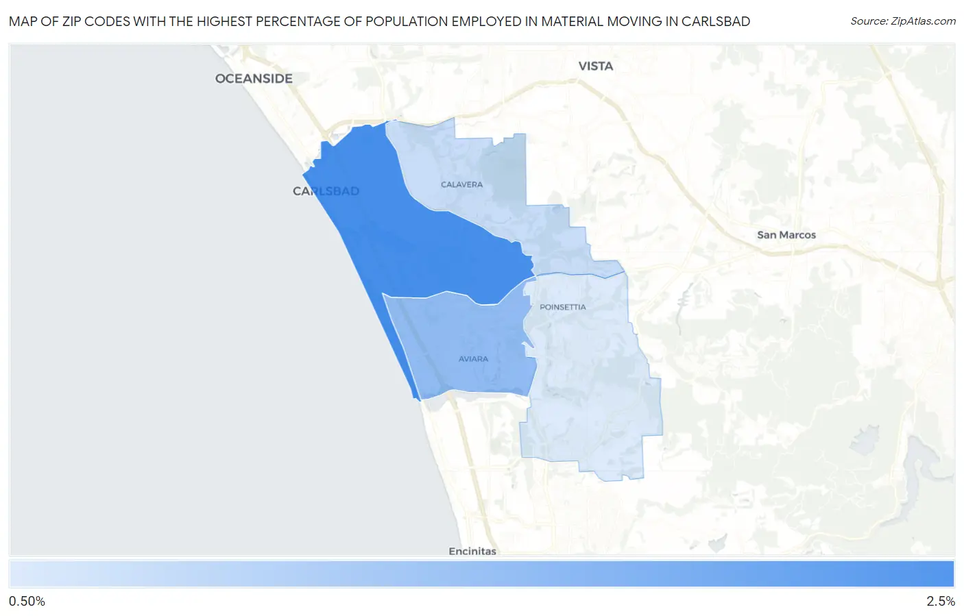 Zip Codes with the Highest Percentage of Population Employed in Material Moving in Carlsbad Map