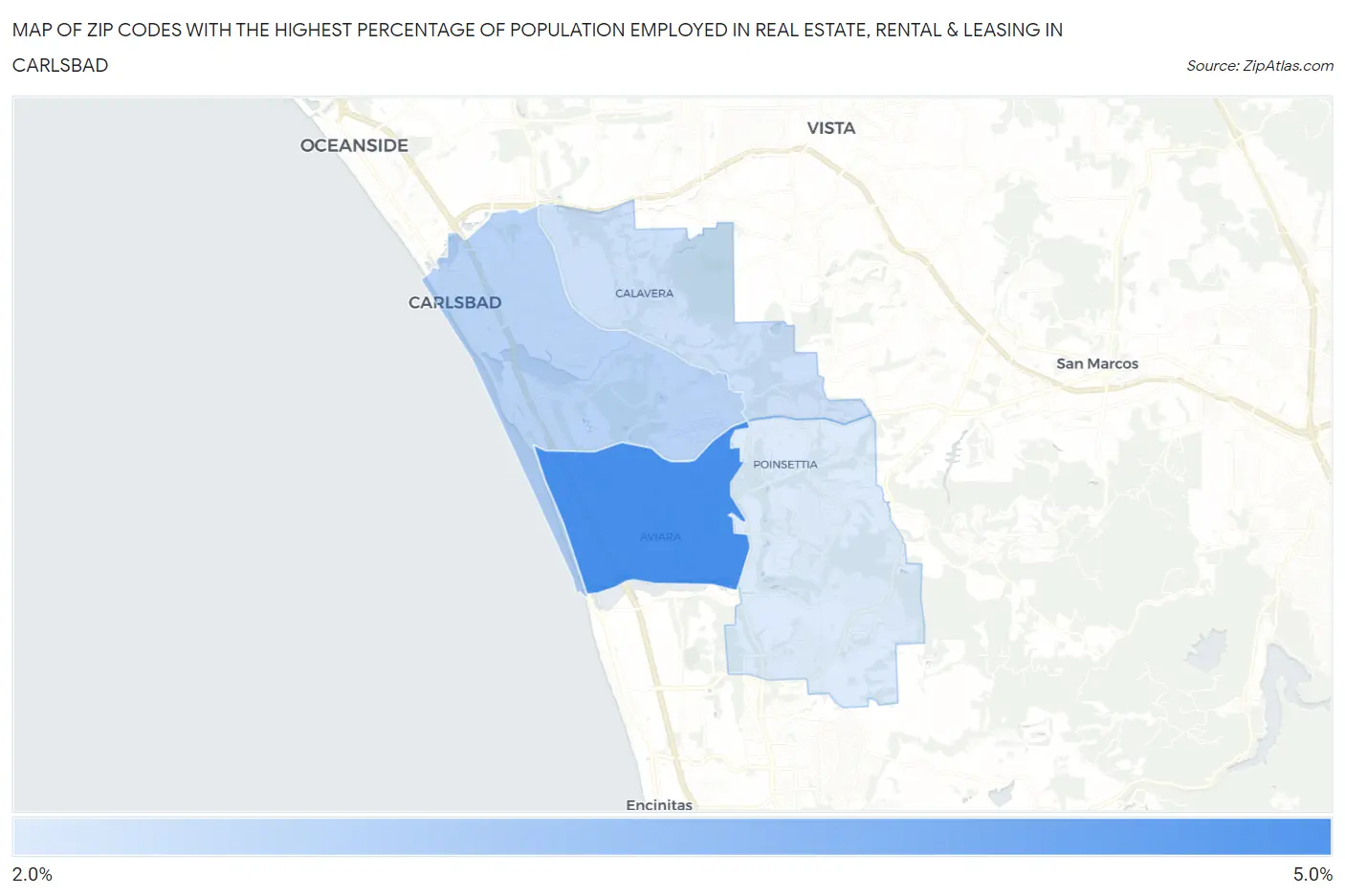 Zip Codes with the Highest Percentage of Population Employed in Real Estate, Rental & Leasing in Carlsbad Map