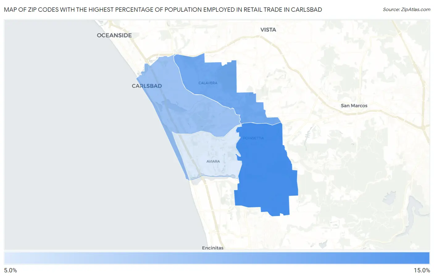 Zip Codes with the Highest Percentage of Population Employed in Retail Trade in Carlsbad Map