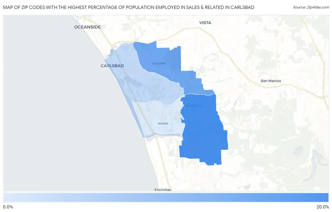 Zip Codes with the Highest Percentage of Population Employed in Sales & Related in Carlsbad Map