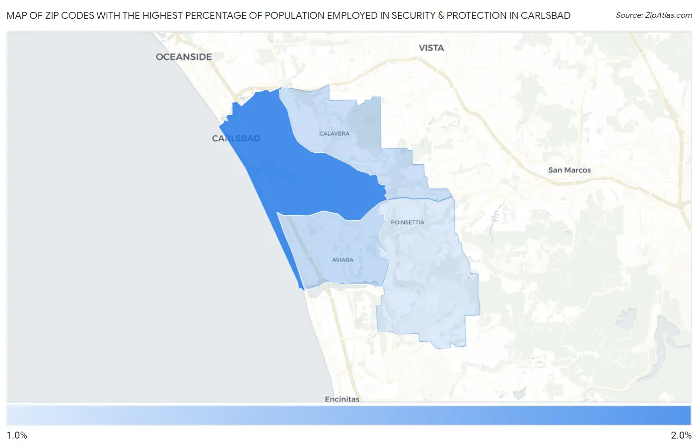 Zip Codes with the Highest Percentage of Population Employed in Security & Protection in Carlsbad Map