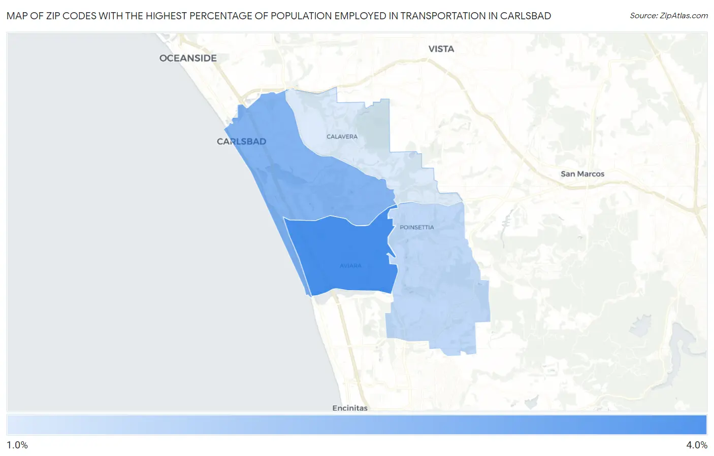 Zip Codes with the Highest Percentage of Population Employed in Transportation in Carlsbad Map