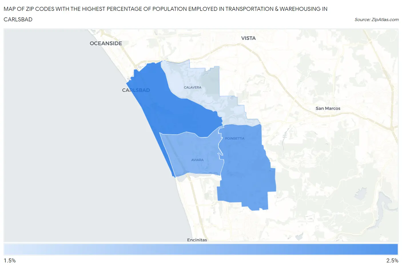 Zip Codes with the Highest Percentage of Population Employed in Transportation & Warehousing in Carlsbad Map