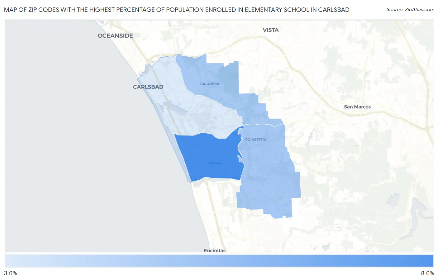 Zip Codes with the Highest Percentage of Population Enrolled in Elementary School in Carlsbad Map