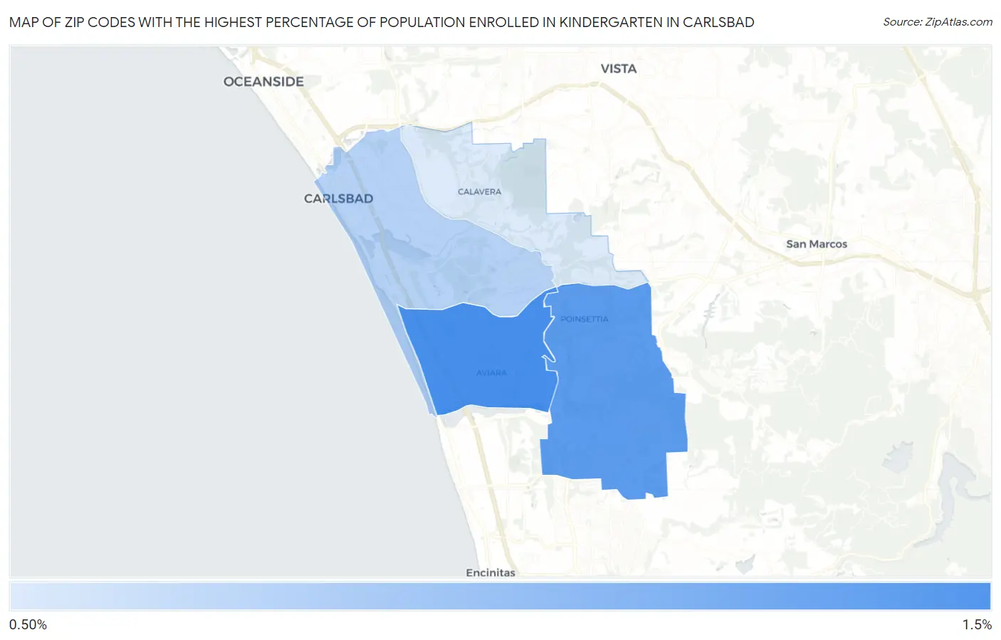 Zip Codes with the Highest Percentage of Population Enrolled in Kindergarten in Carlsbad Map