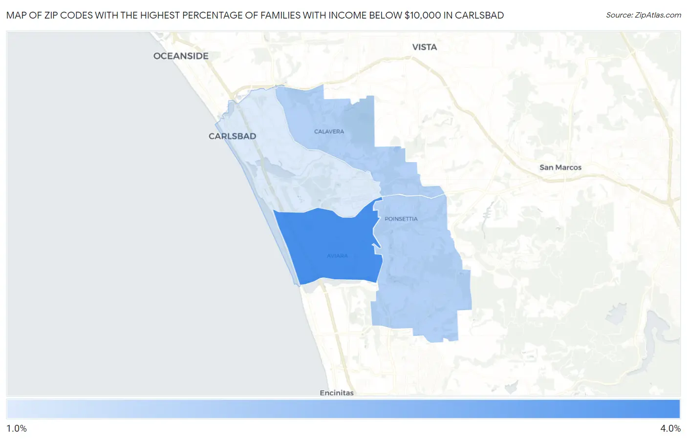 Zip Codes with the Highest Percentage of Families with Income Below $10,000 in Carlsbad Map