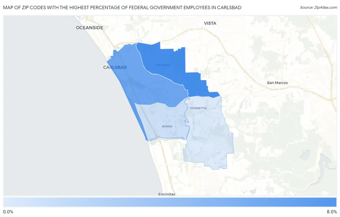 Zip Codes with the Highest Percentage of Federal Government Employees in Carlsbad Map