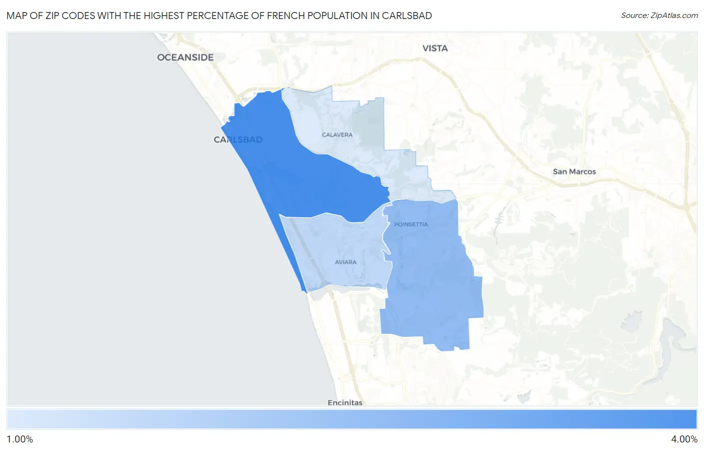 Zip Codes with the Highest Percentage of French Population in Carlsbad Map