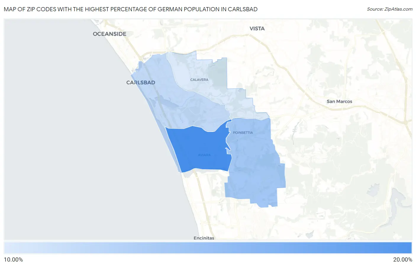 Zip Codes with the Highest Percentage of German Population in Carlsbad Map