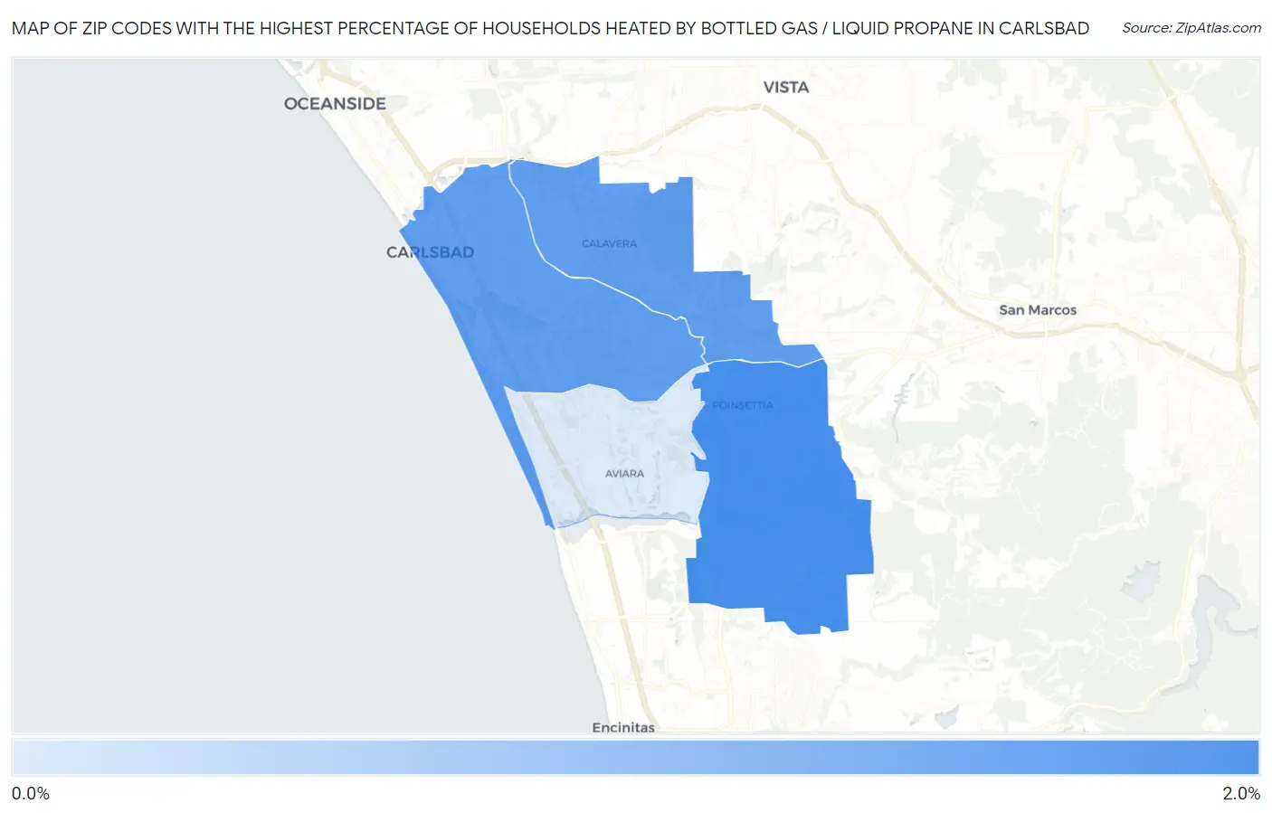 Zip Codes with the Highest Percentage of Households Heated by Bottled Gas / Liquid Propane in Carlsbad Map