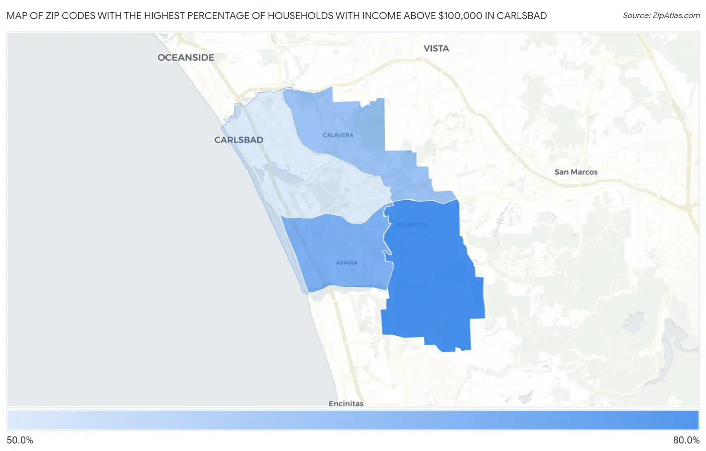 Zip Codes with the Highest Percentage of Households with Income Above $100,000 in Carlsbad Map