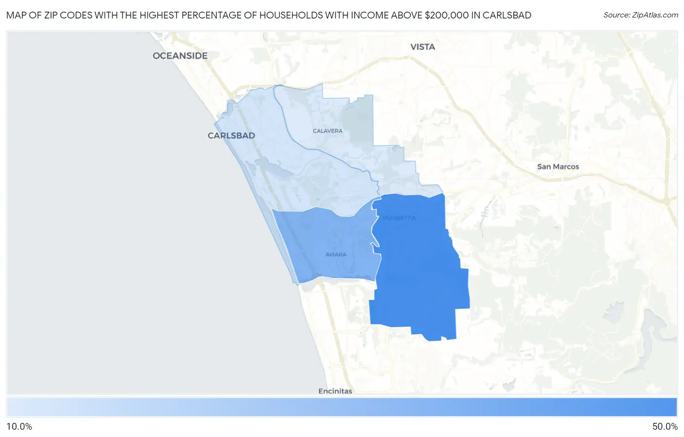 Zip Codes with the Highest Percentage of Households with Income Above $200,000 in Carlsbad Map