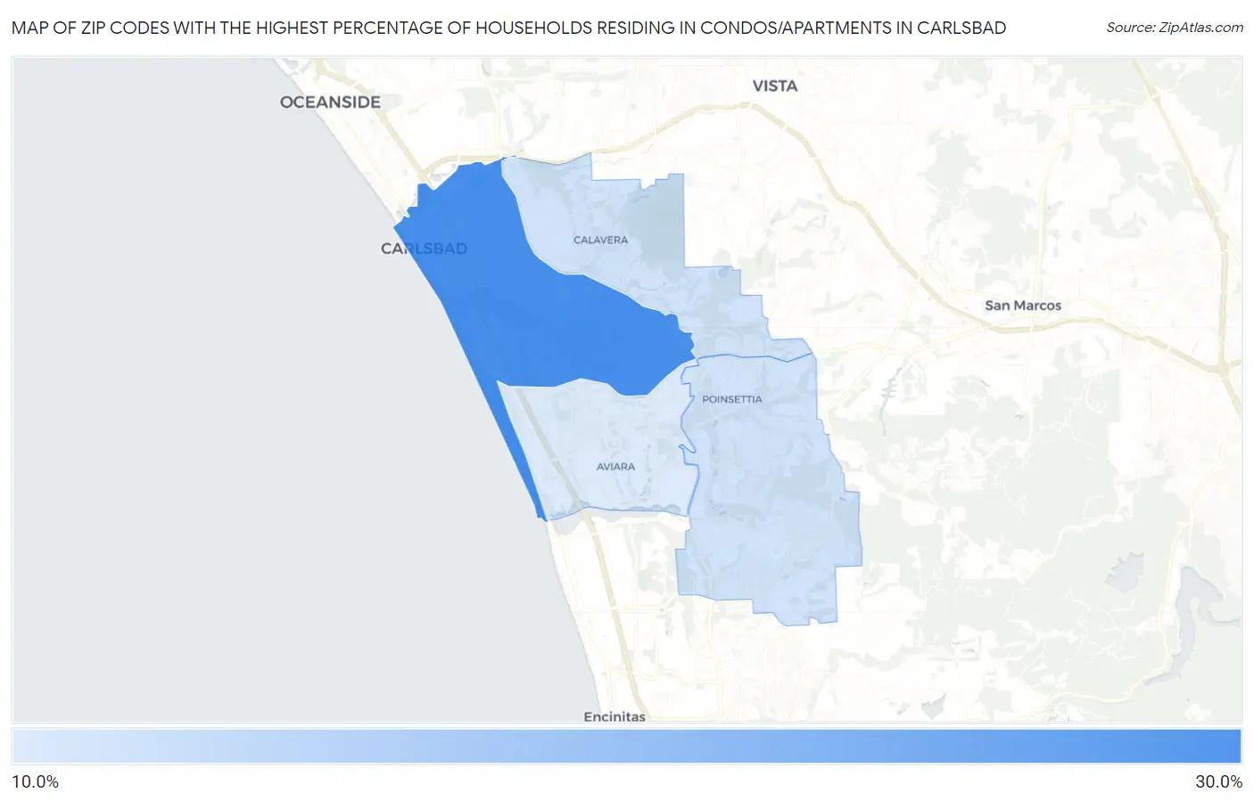 Zip Codes with the Highest Percentage of Households Residing in Condos/Apartments in Carlsbad Map