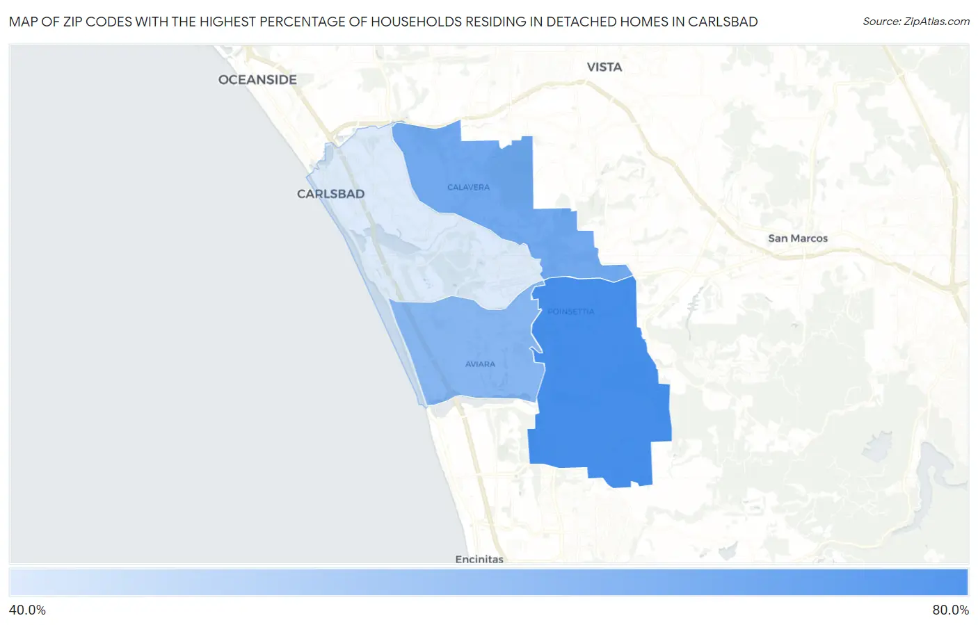 Zip Codes with the Highest Percentage of Households Residing in Detached Homes in Carlsbad Map