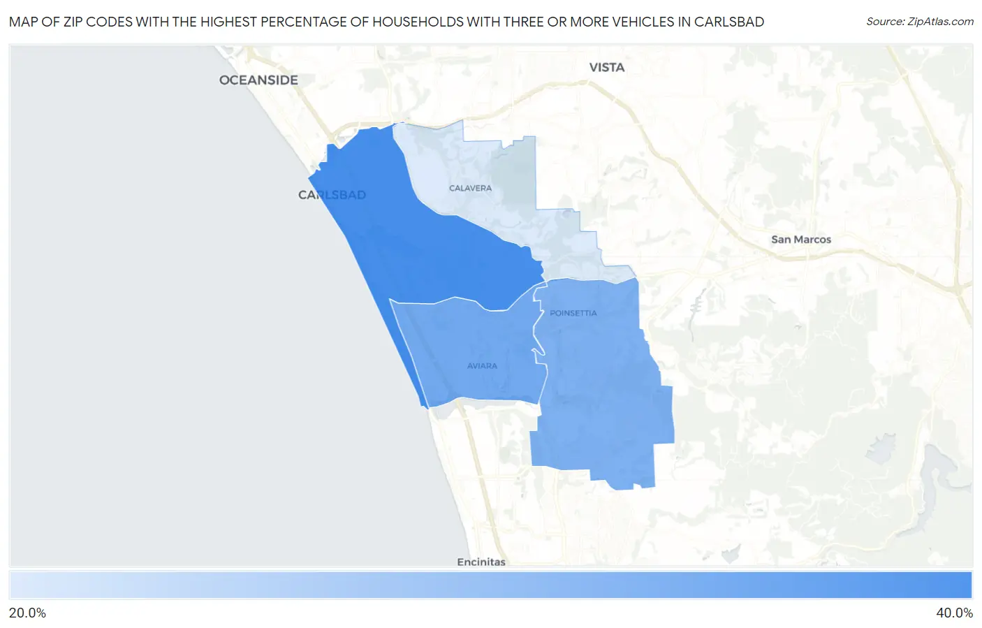 Zip Codes with the Highest Percentage of Households With Three or more Vehicles in Carlsbad Map