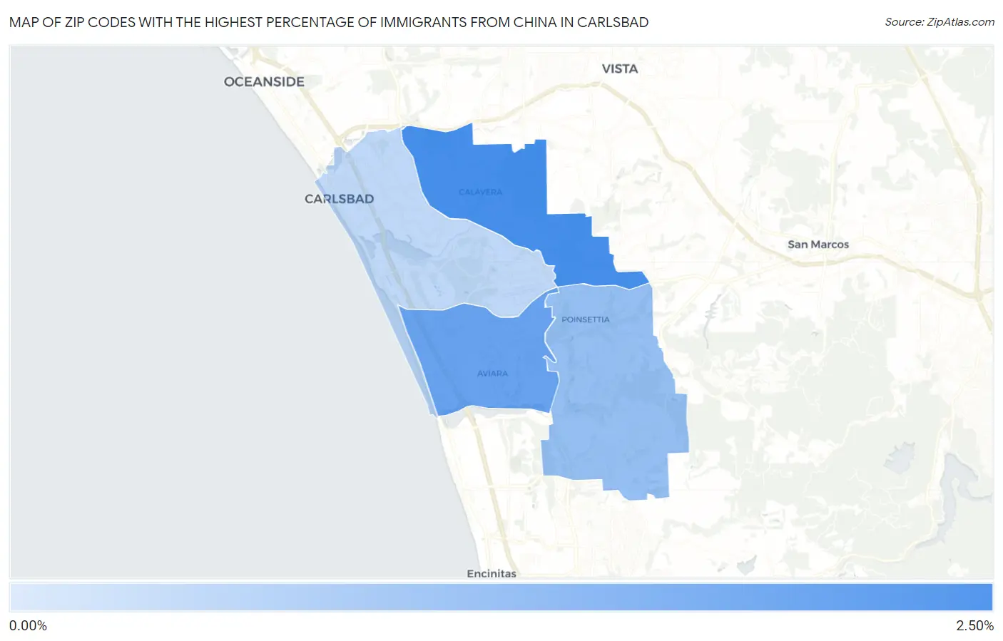 Zip Codes with the Highest Percentage of Immigrants from China in Carlsbad Map