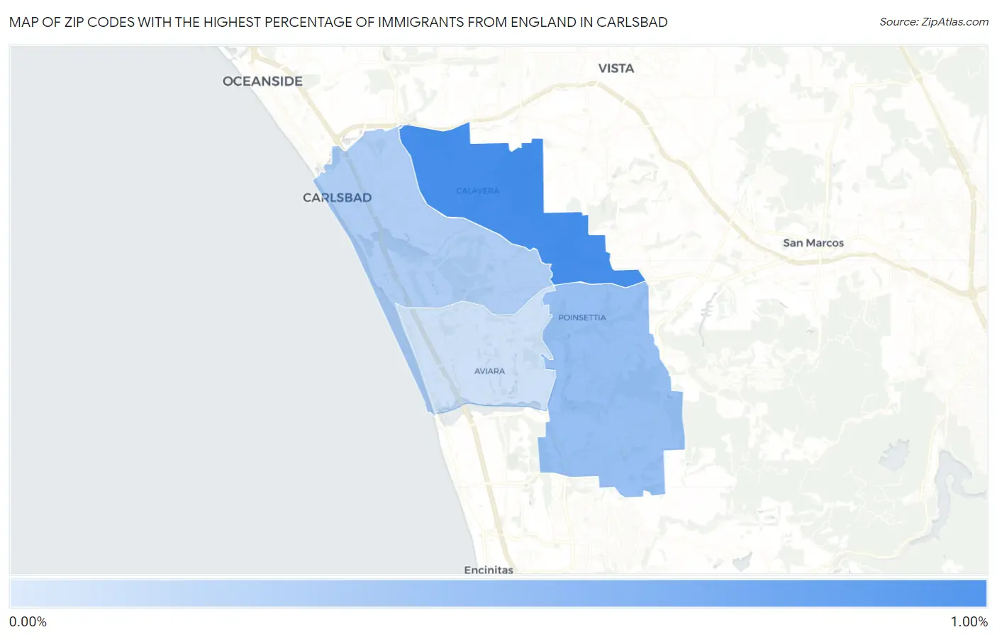 Zip Codes with the Highest Percentage of Immigrants from England in Carlsbad Map