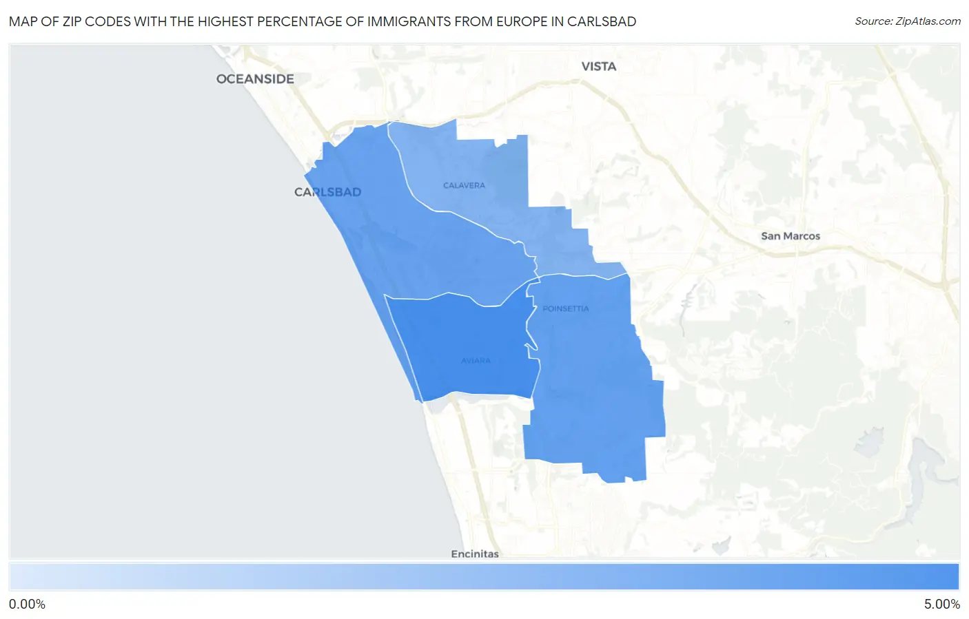 Zip Codes with the Highest Percentage of Immigrants from Europe in Carlsbad Map