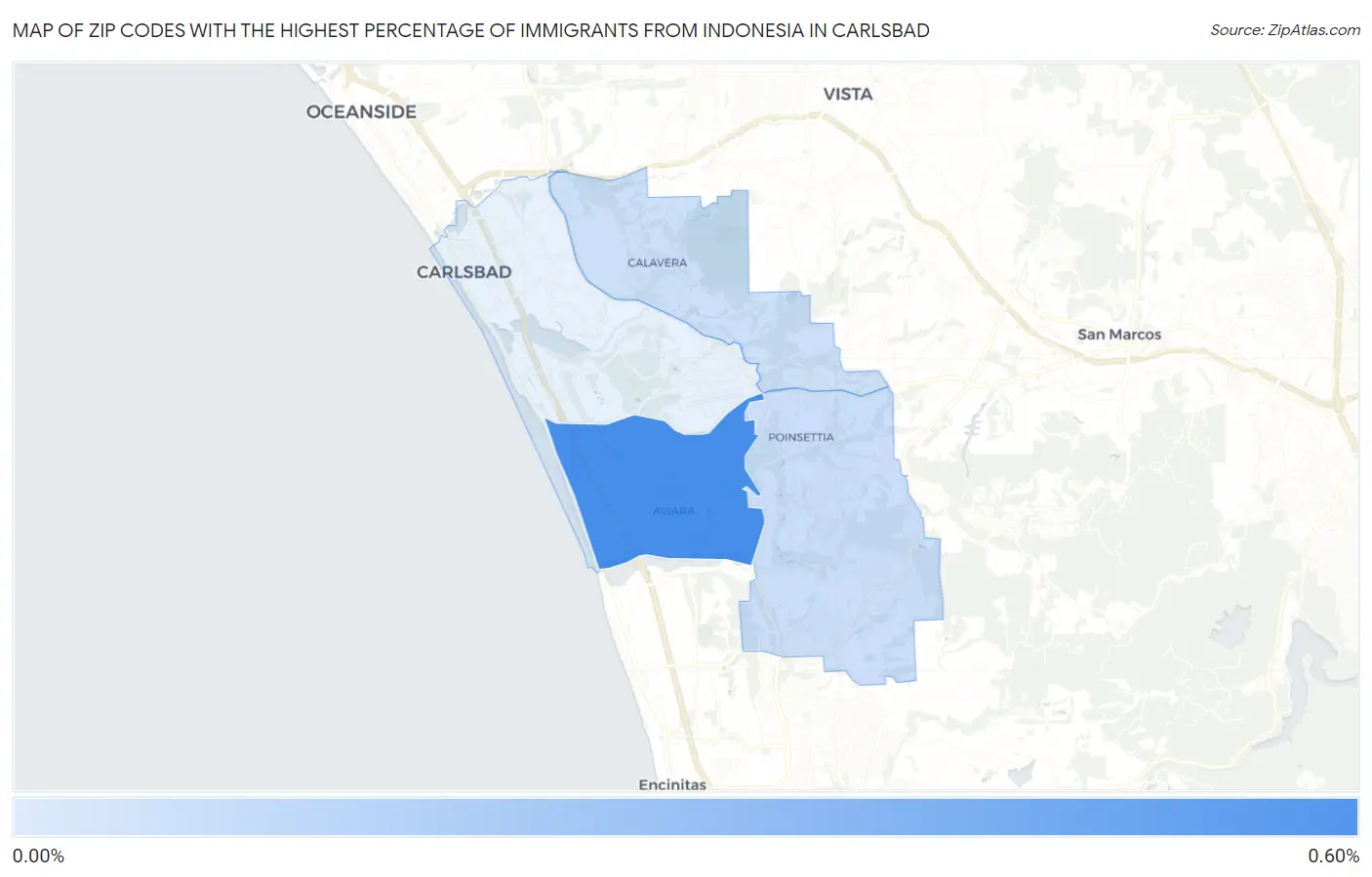 Zip Codes with the Highest Percentage of Immigrants from Indonesia in Carlsbad Map