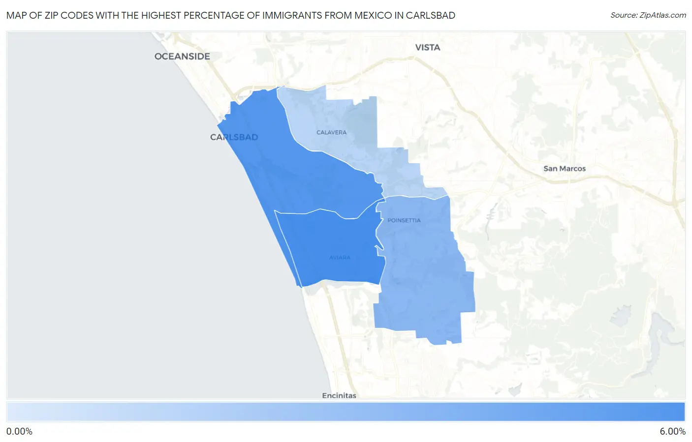 Zip Codes with the Highest Percentage of Immigrants from Mexico in Carlsbad Map