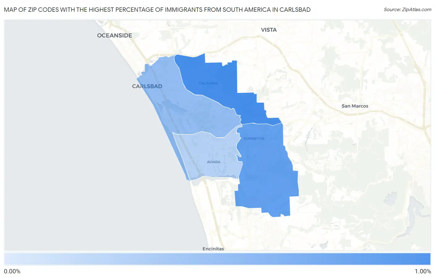 Zip Codes with the Highest Percentage of Immigrants from South America in Carlsbad Map