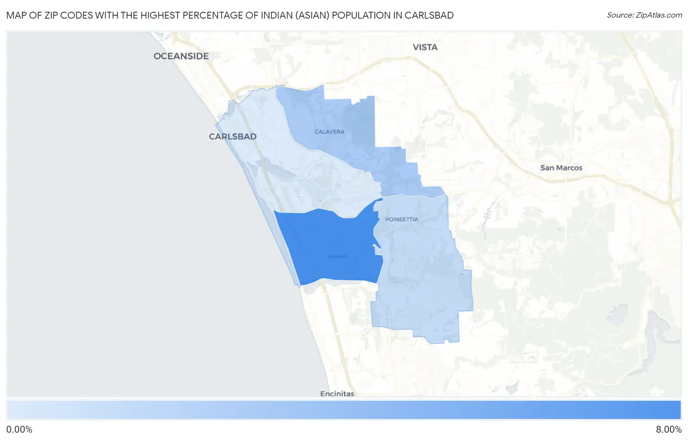 Zip Codes with the Highest Percentage of Indian (Asian) Population in Carlsbad Map