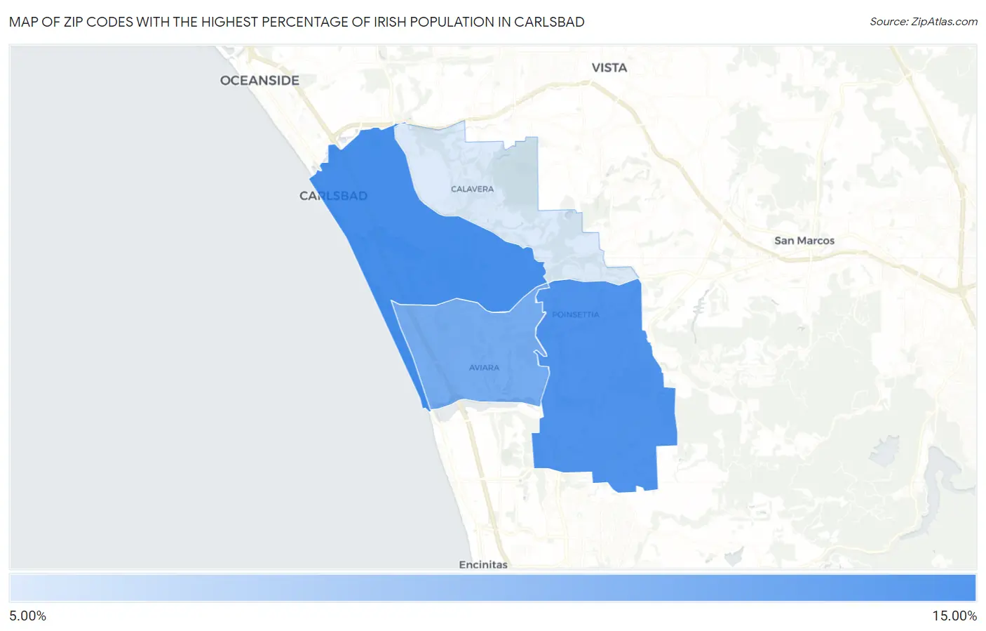 Zip Codes with the Highest Percentage of Irish Population in Carlsbad Map