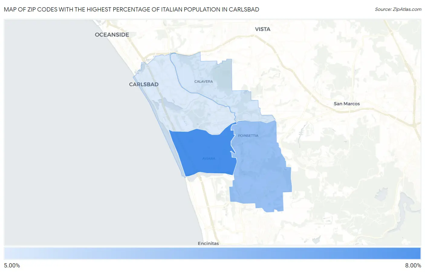 Zip Codes with the Highest Percentage of Italian Population in Carlsbad Map
