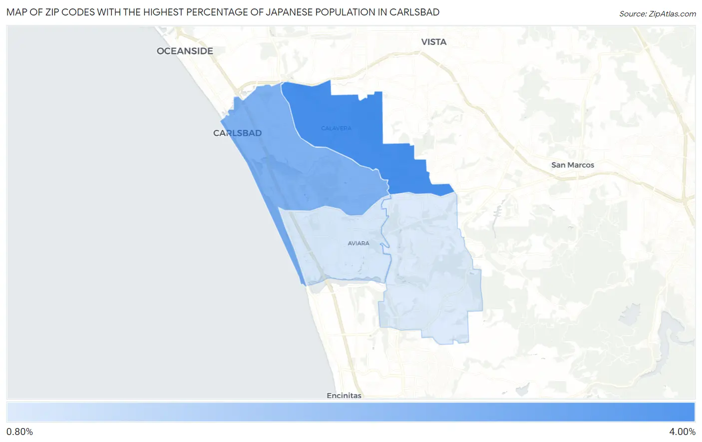 Zip Codes with the Highest Percentage of Japanese Population in Carlsbad Map
