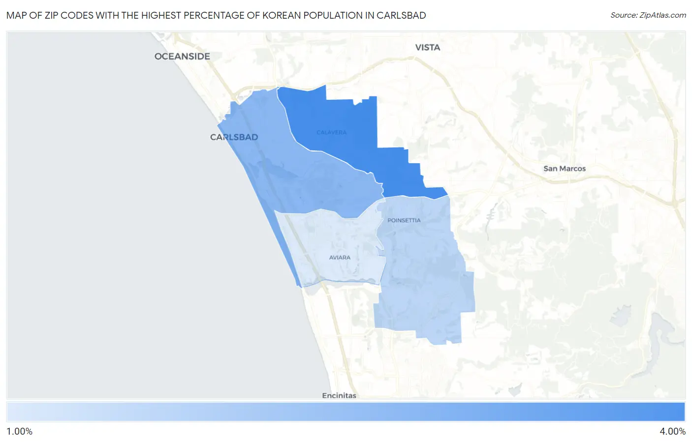 Zip Codes with the Highest Percentage of Korean Population in Carlsbad Map