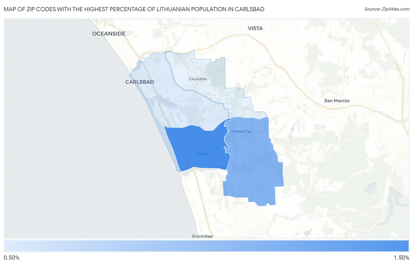 Zip Codes with the Highest Percentage of Lithuanian Population in Carlsbad Map