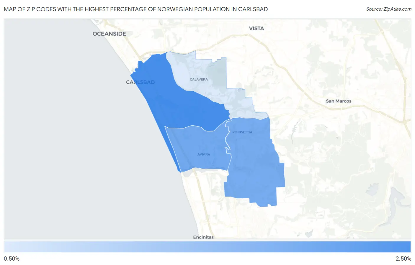 Zip Codes with the Highest Percentage of Norwegian Population in Carlsbad Map