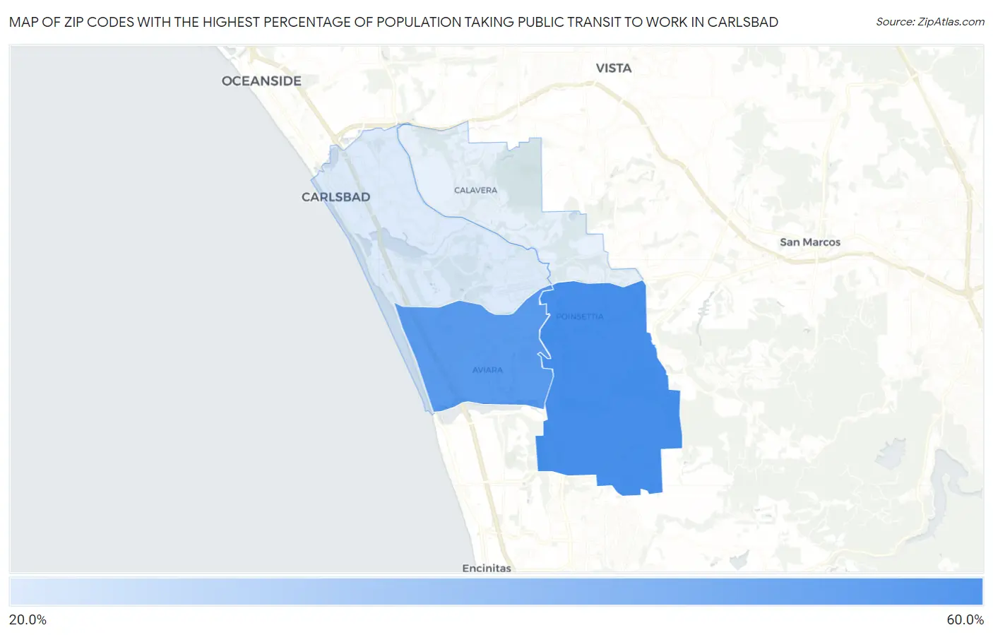 Zip Codes with the Highest Percentage of Population Taking Public Transit to Work in Carlsbad Map