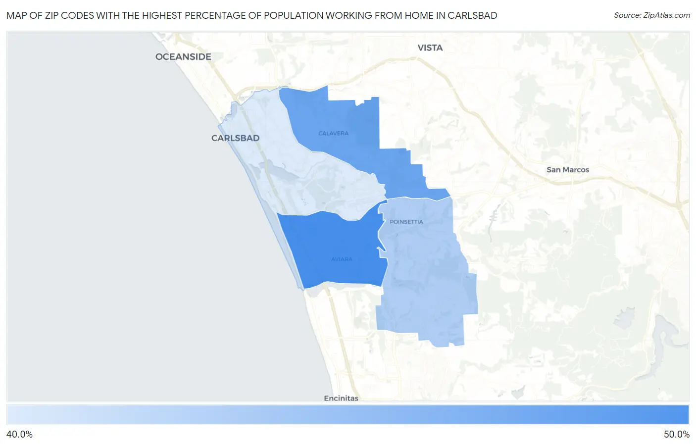 Zip Codes with the Highest Percentage of Population Working from Home in Carlsbad Map