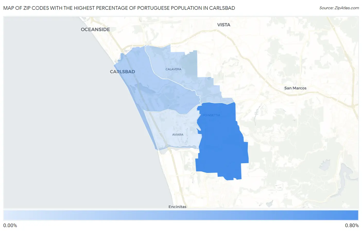 Zip Codes with the Highest Percentage of Portuguese Population in Carlsbad Map