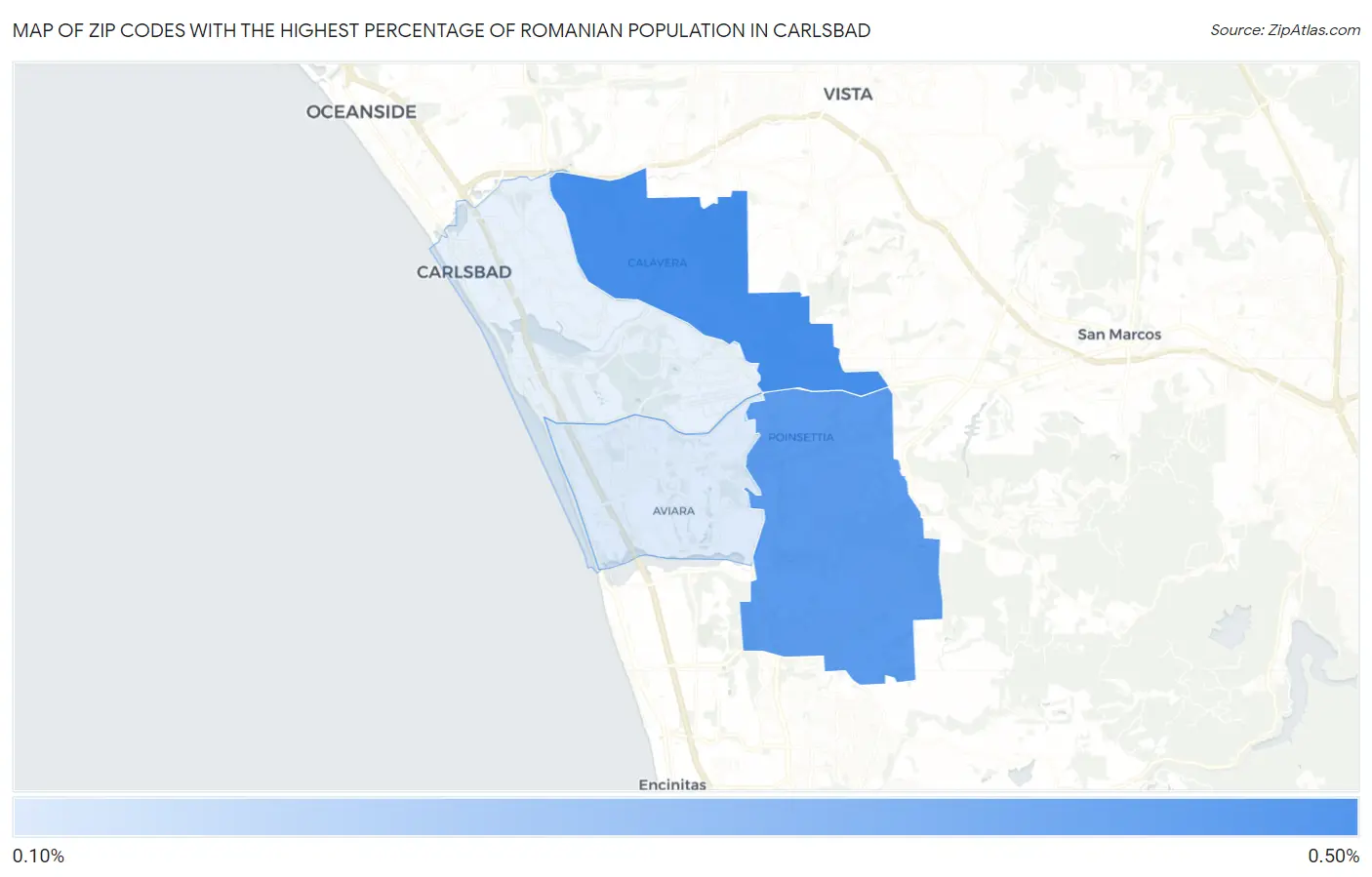 Zip Codes with the Highest Percentage of Romanian Population in Carlsbad Map