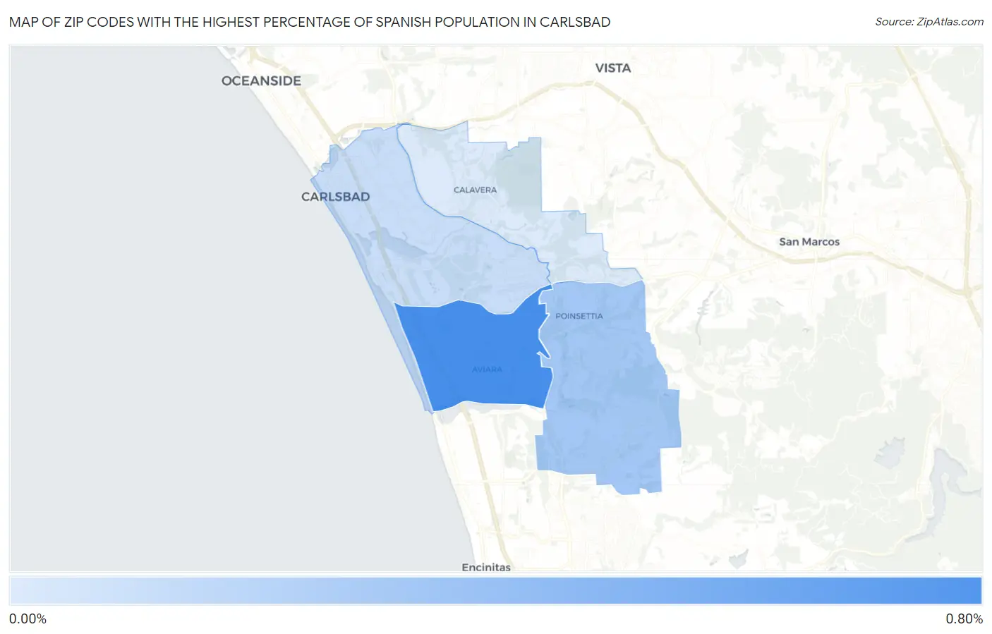 Zip Codes with the Highest Percentage of Spanish Population in Carlsbad Map
