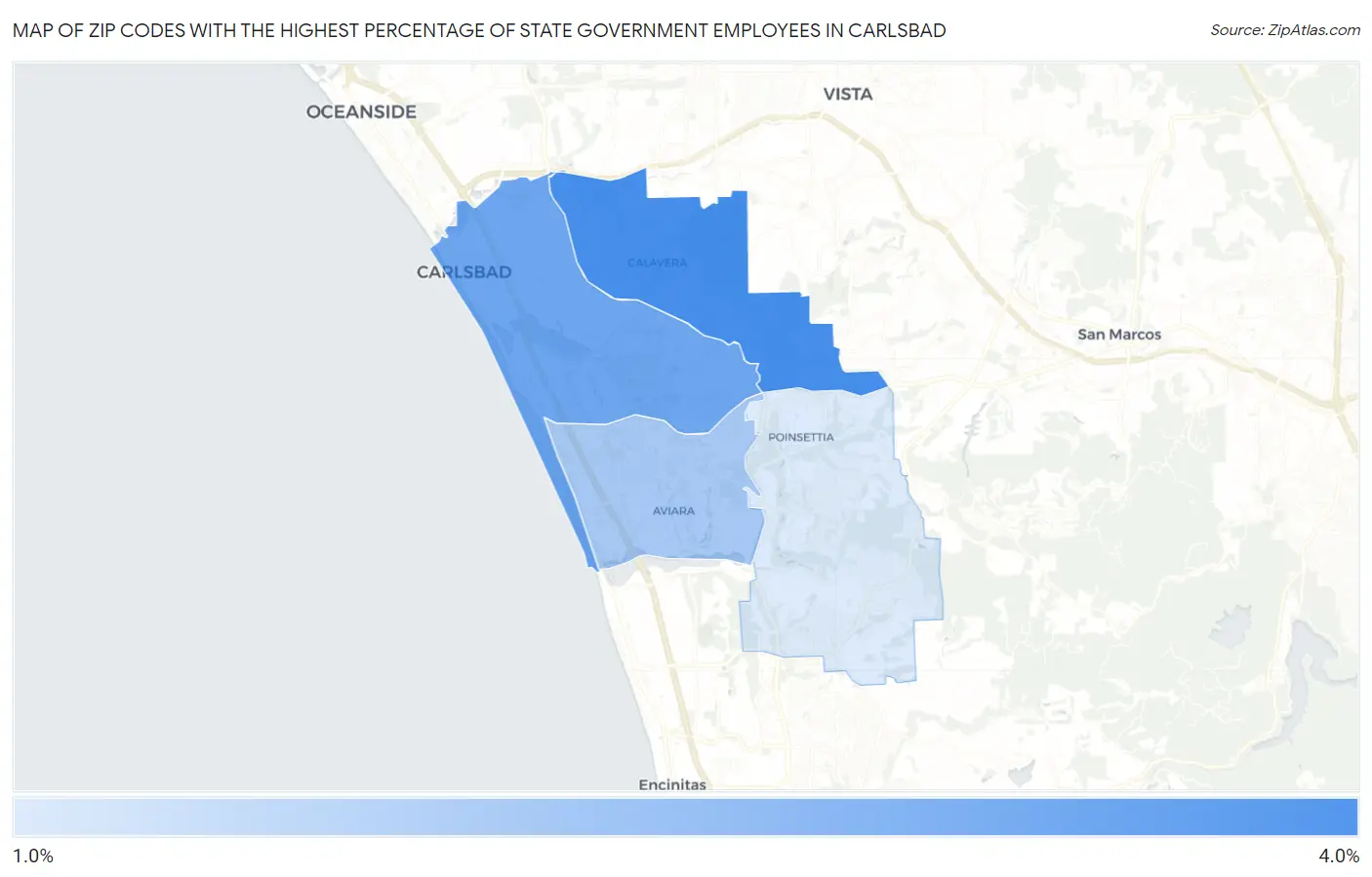 Zip Codes with the Highest Percentage of State Government Employees in Carlsbad Map