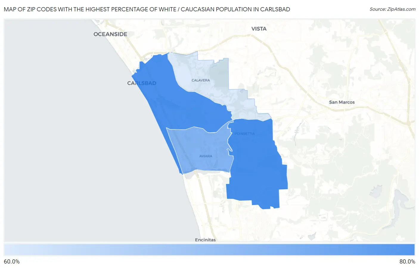 Zip Codes with the Highest Percentage of White / Caucasian Population in Carlsbad Map