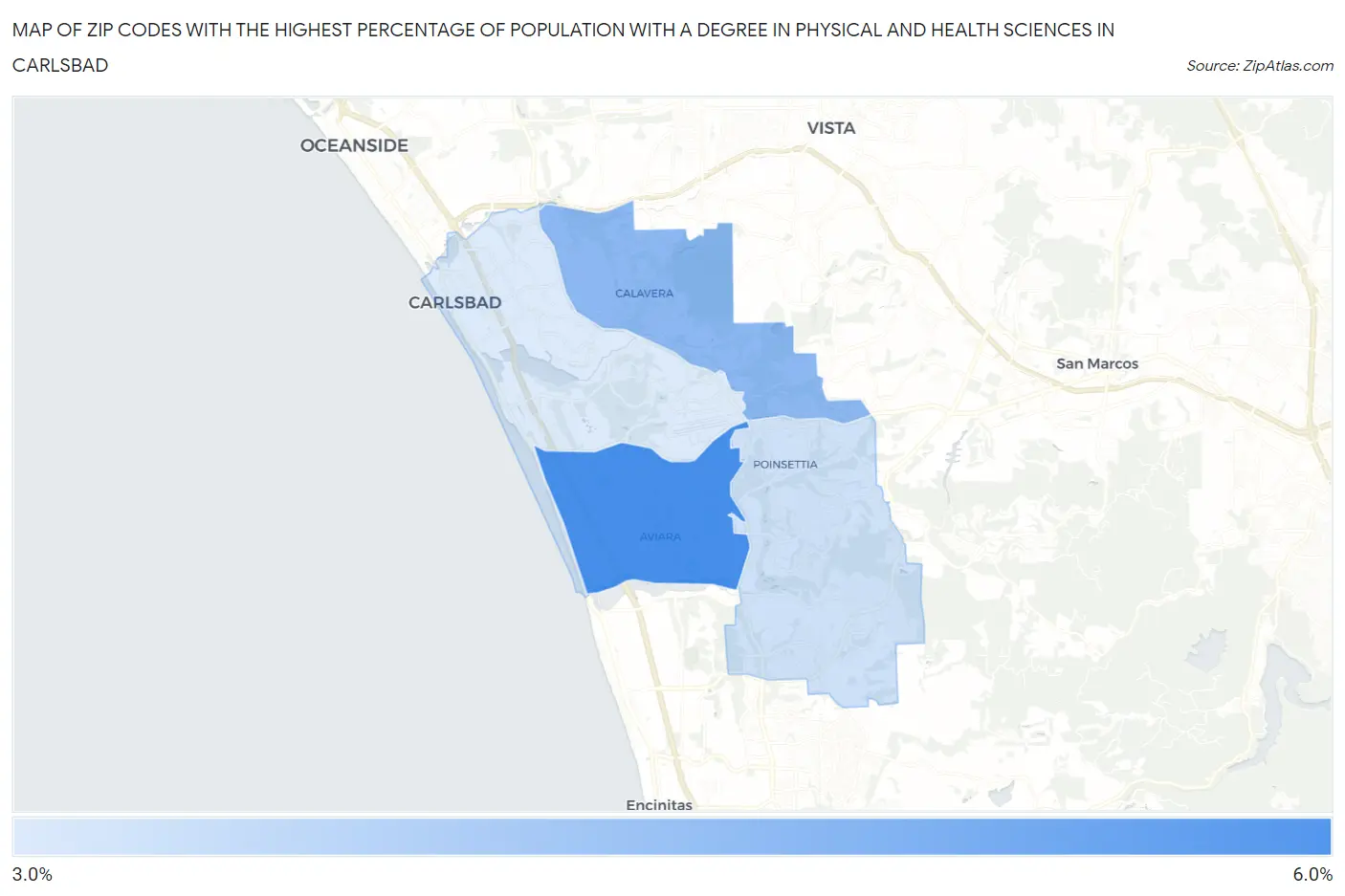 Zip Codes with the Highest Percentage of Population with a Degree in Physical and Health Sciences in Carlsbad Map