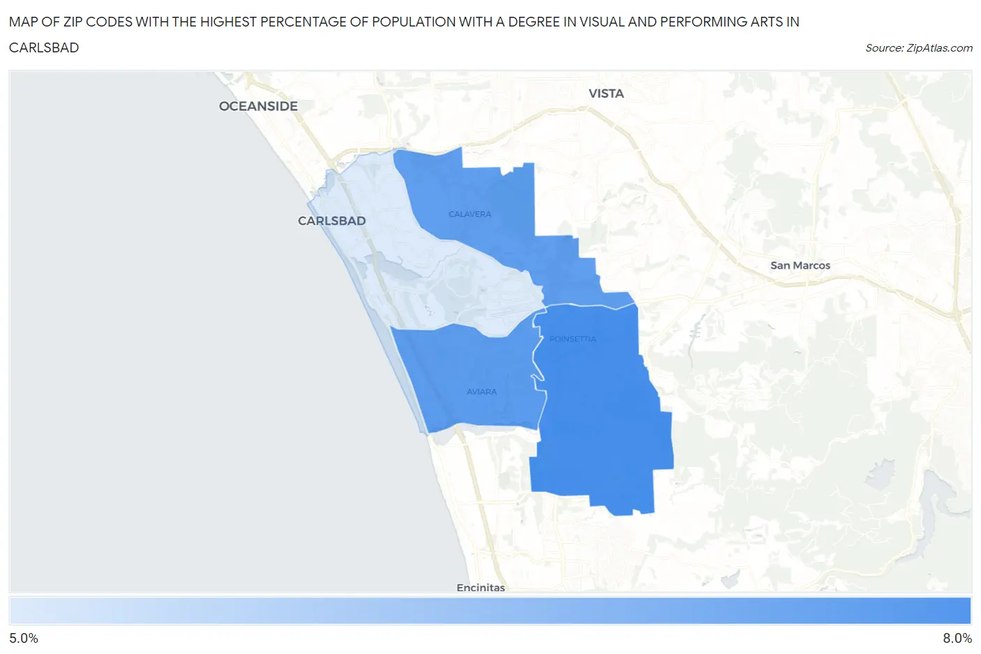 Zip Codes with the Highest Percentage of Population with a Degree in Visual and Performing Arts in Carlsbad Map
