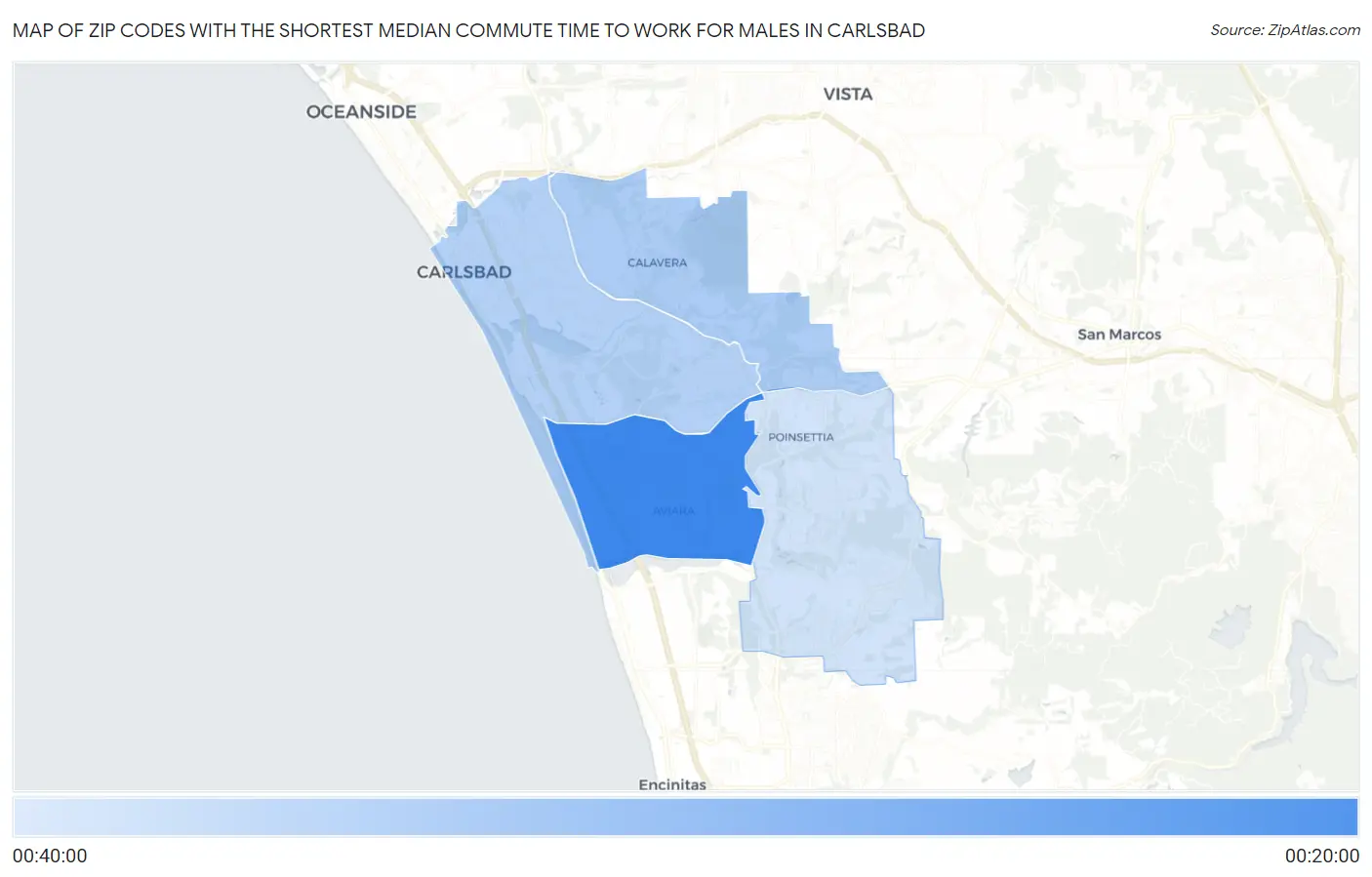 Zip Codes with the Shortest Median Commute Time to Work for Males in Carlsbad Map