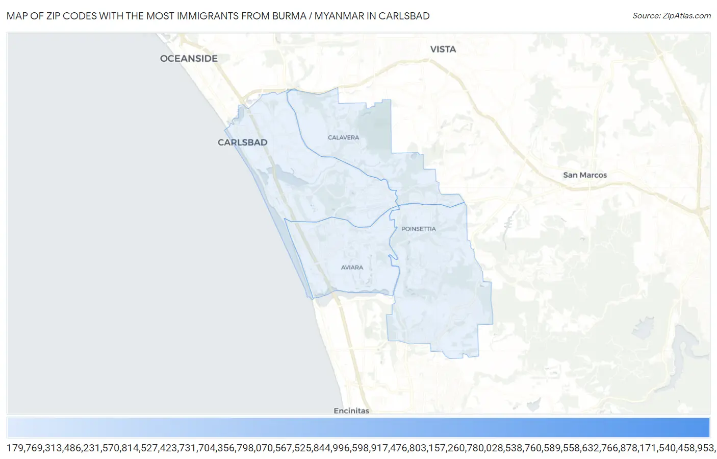 Zip Codes with the Most Immigrants from Burma / Myanmar in Carlsbad Map